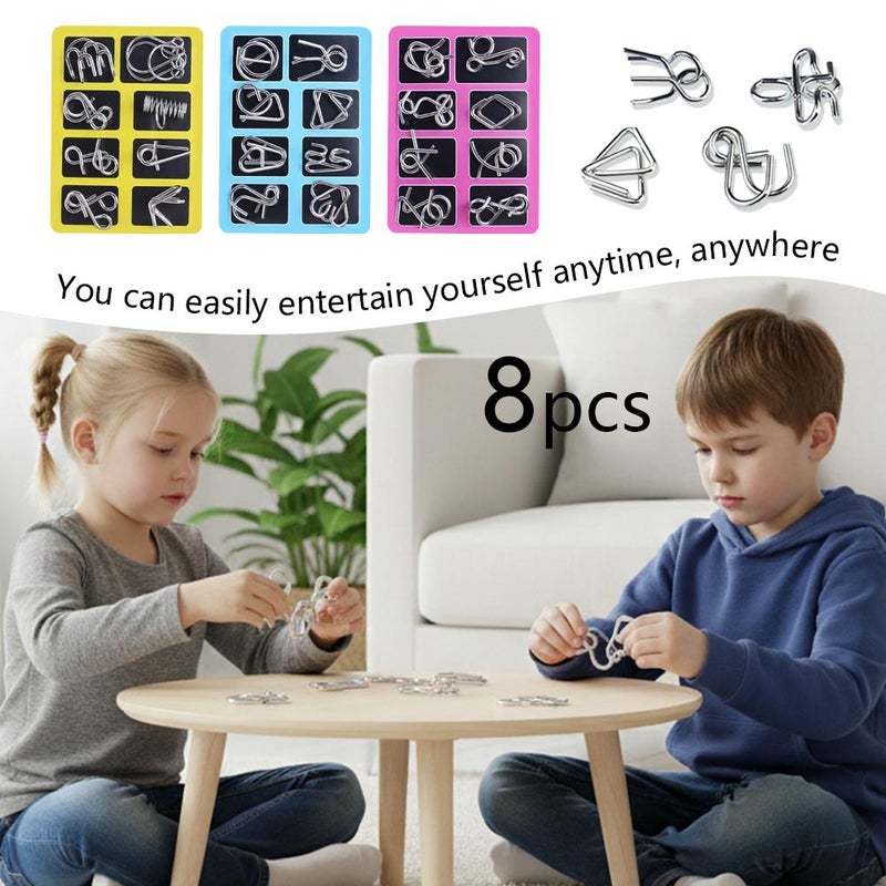 8Pcs Metal Brain Teaser Puzzles Ring,3D Interlocking Metal Wire IQ Logic Game,Reverse Thinking Physics Mind Games,Educational Party Favor Travel Thinking Toy with Carry Pouch for Party Favor (Pink) - Image 3